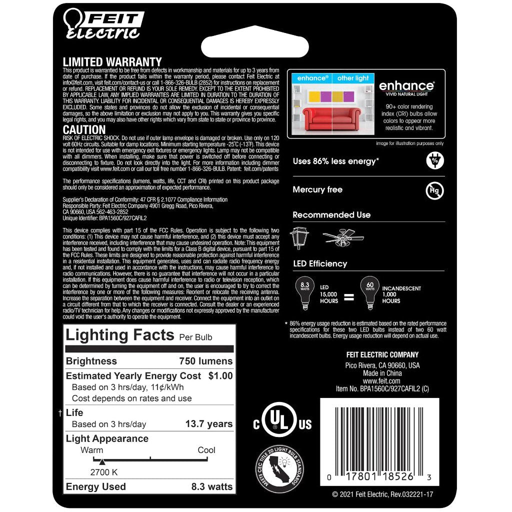 Feit Electric A15 60-Watt Dimmable LED Light Bulbs - Soft White