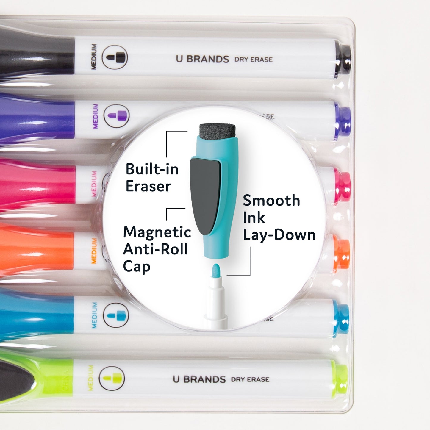 U Brands Medium Point Magnetic Dry Erase Markers with Built-In Erasers - Assorted Ink