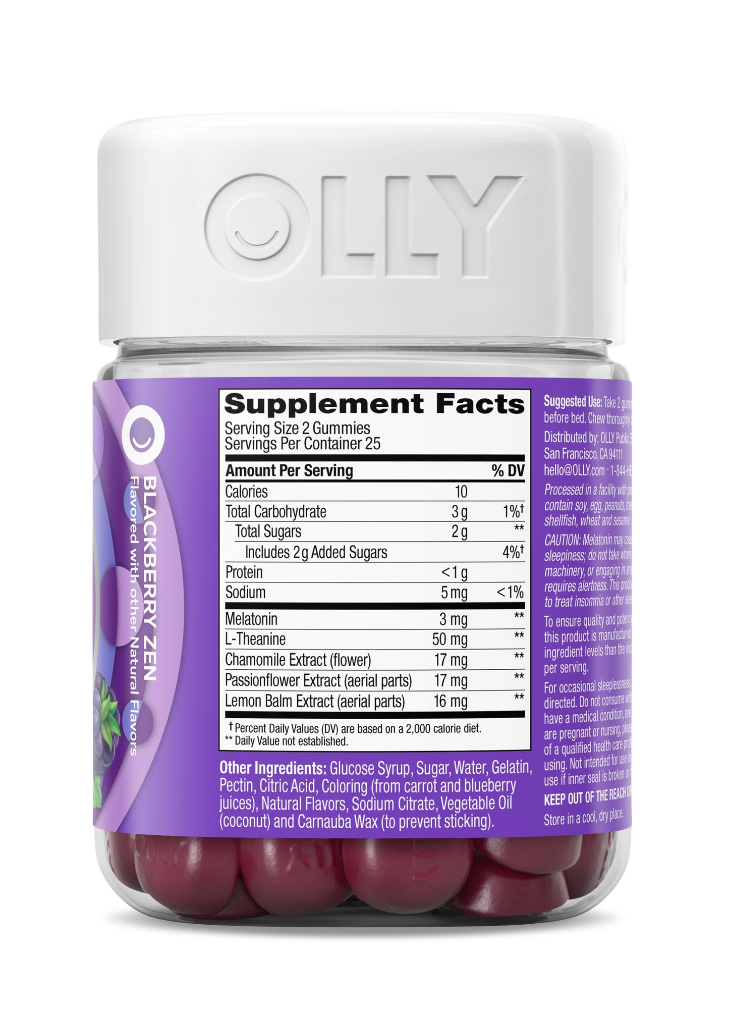 OLLY Sleep Gummy Supplement, 3mg Melatonin, L-Theanine, Chamomile, Blackberry Zen Flavor, 50 Ct