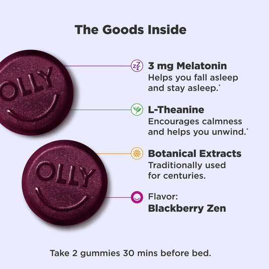 OLLY Sleep Gummy Supplement, 3mg Melatonin, L-Theanine, Chamomile, Blackberry Zen Flavor, 50 Ct