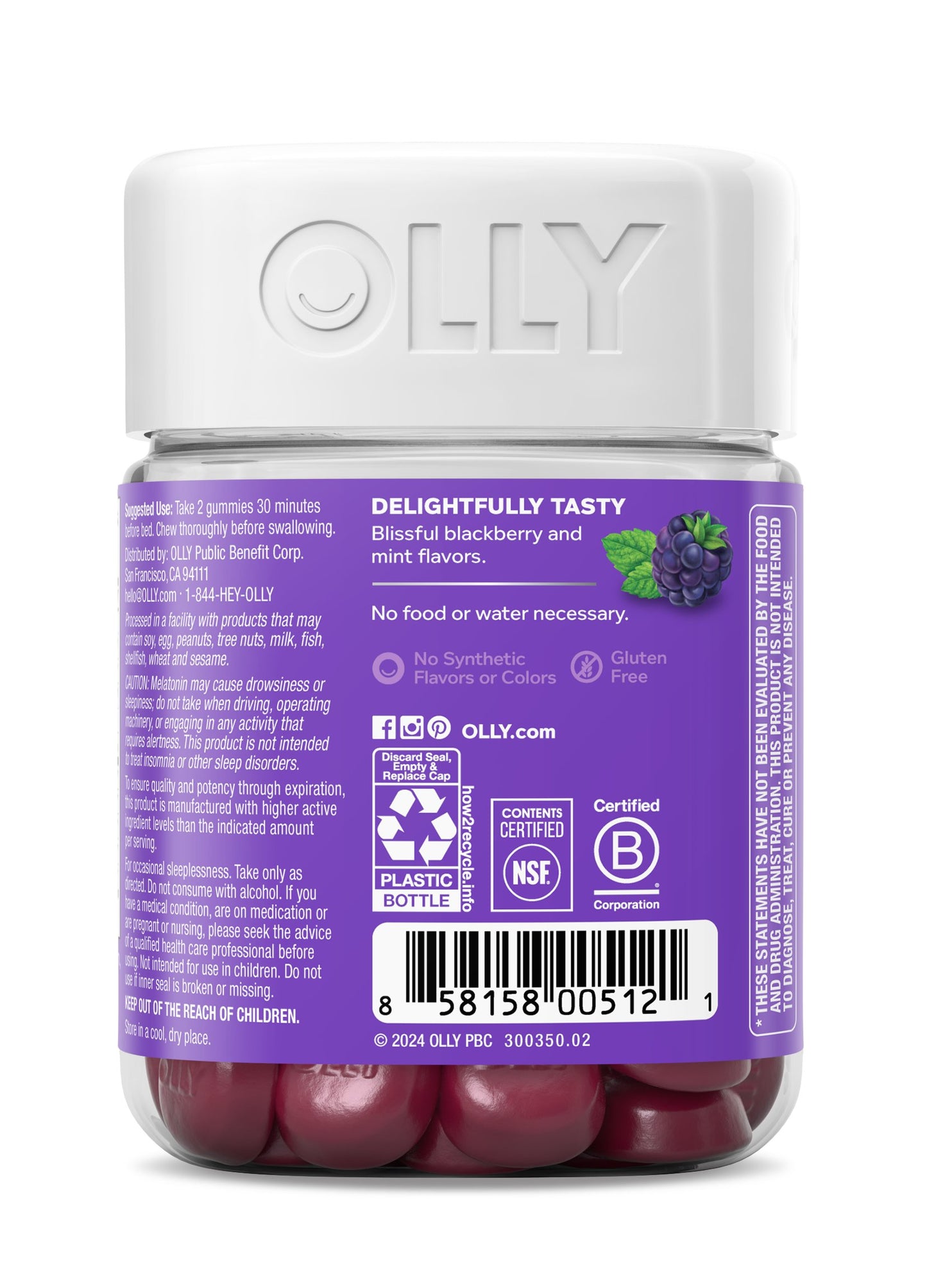 OLLY Sleep Gummy Supplement, 3mg Melatonin, L-Theanine, Chamomile, Blackberry Zen Flavor, 50 Ct