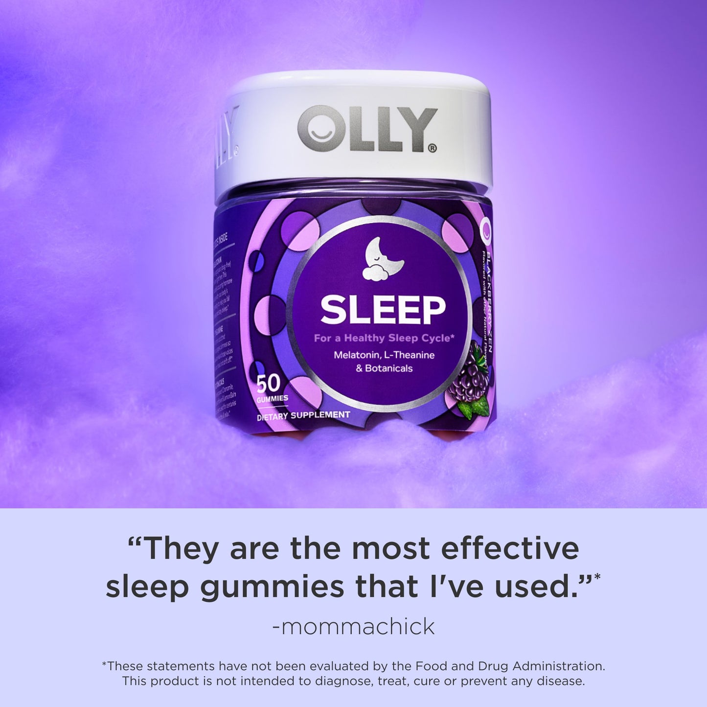 OLLY Sleep Gummy Supplement, 3mg Melatonin, L-Theanine, Chamomile, Blackberry Zen Flavor, 50 Ct