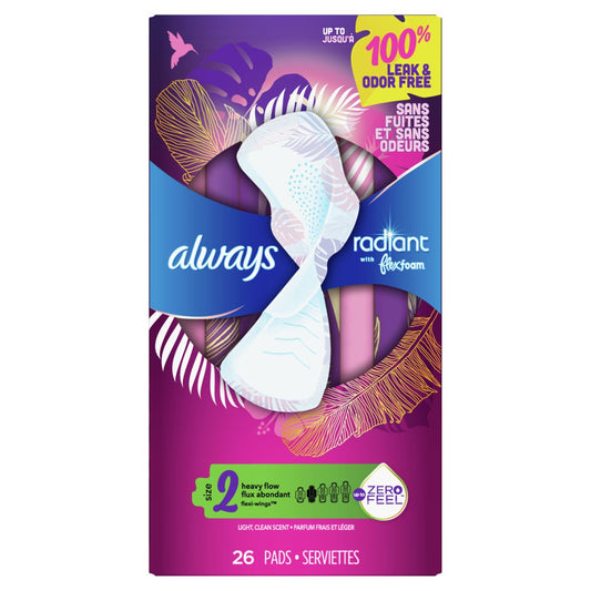Always Always Radiant Feminine Pads, Size 2 Heavy with Wings, Light Clean Scent