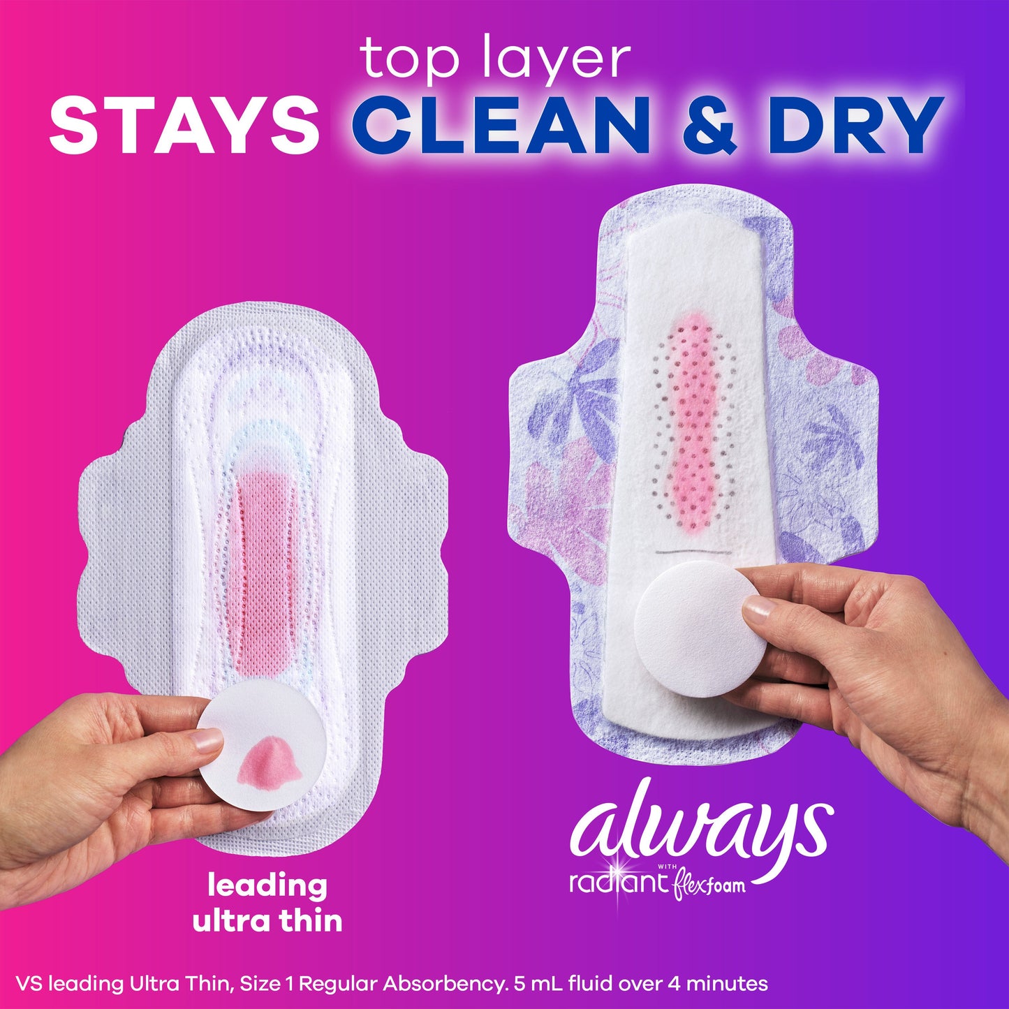 Always Always Radiant Feminine Pads, Size 2 Heavy with Wings, Light Clean Scent