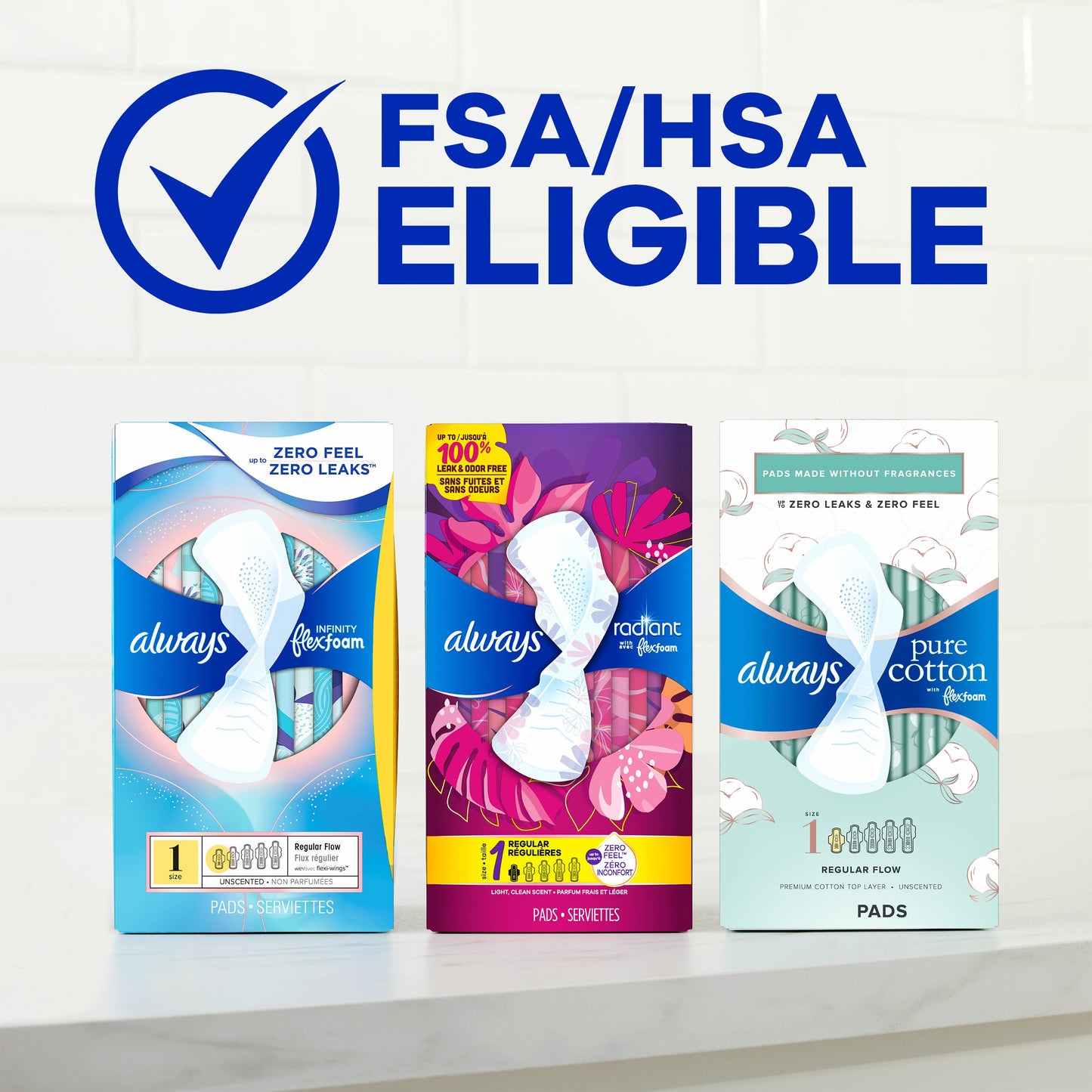 Always Always Radiant Feminine Pads, Size 2 Heavy with Wings, Light Clean Scent