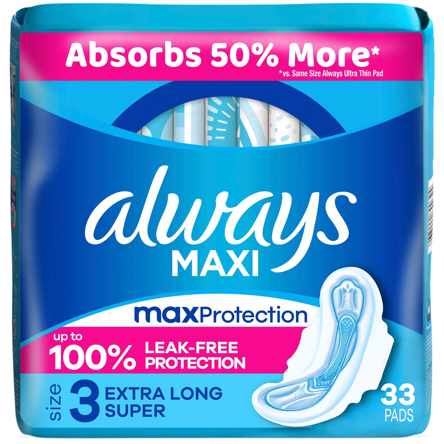Always Maxi Daytime Pads with Wings, Extra Long Super, Unscented  Size 3