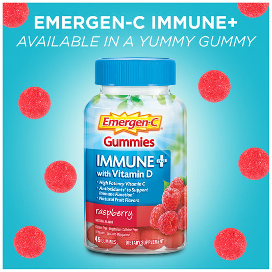 Emergen-C Immune+ Triple Action Immune Support Gummies, BetaVia (R), 1000mg Vitamin C, B Vitamins, Vitamin D and Antioxidants, Raspberry