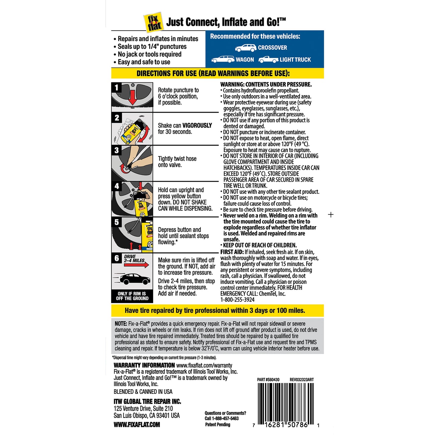 Fix-a-Flat Tire Repair Aerosol - Crossover/Wagon