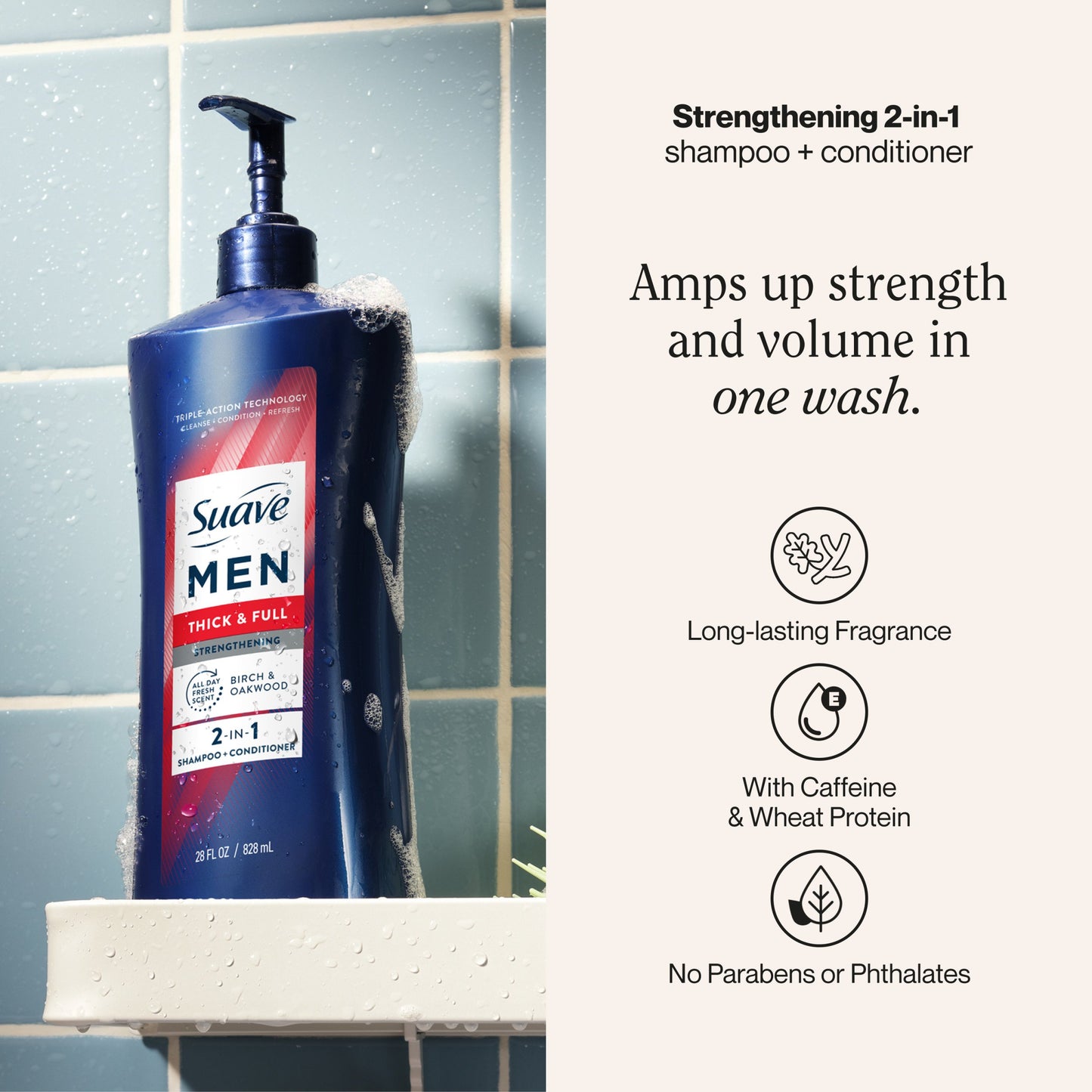 Suave Men Thick & Full 2-in-1 Shampoo, Conditioner & Body Wash  - Birch & Oakwood
