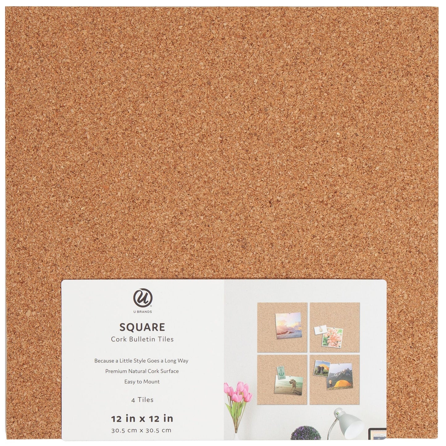U Brands Square Cork Bulletin Tiles, 4 pk