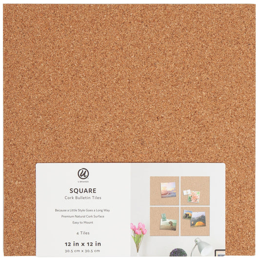 U Brands Square Cork Bulletin Tiles, 4 pk