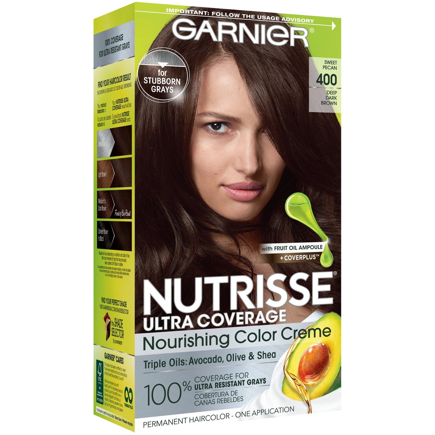 Garnier Nutrisse Ultra Coverage Nourishing Permanent Hair Color Creme for Stubborn Gray Coverage Deep Dark Brown (Sweet Pecan) 400