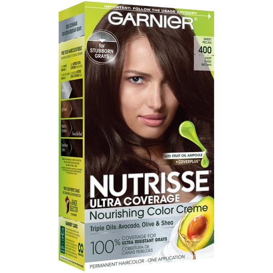 Garnier Nutrisse Ultra Coverage Nourishing Permanent Hair Color Creme for Stubborn Gray Coverage Deep Dark Brown (Sweet Pecan) 400