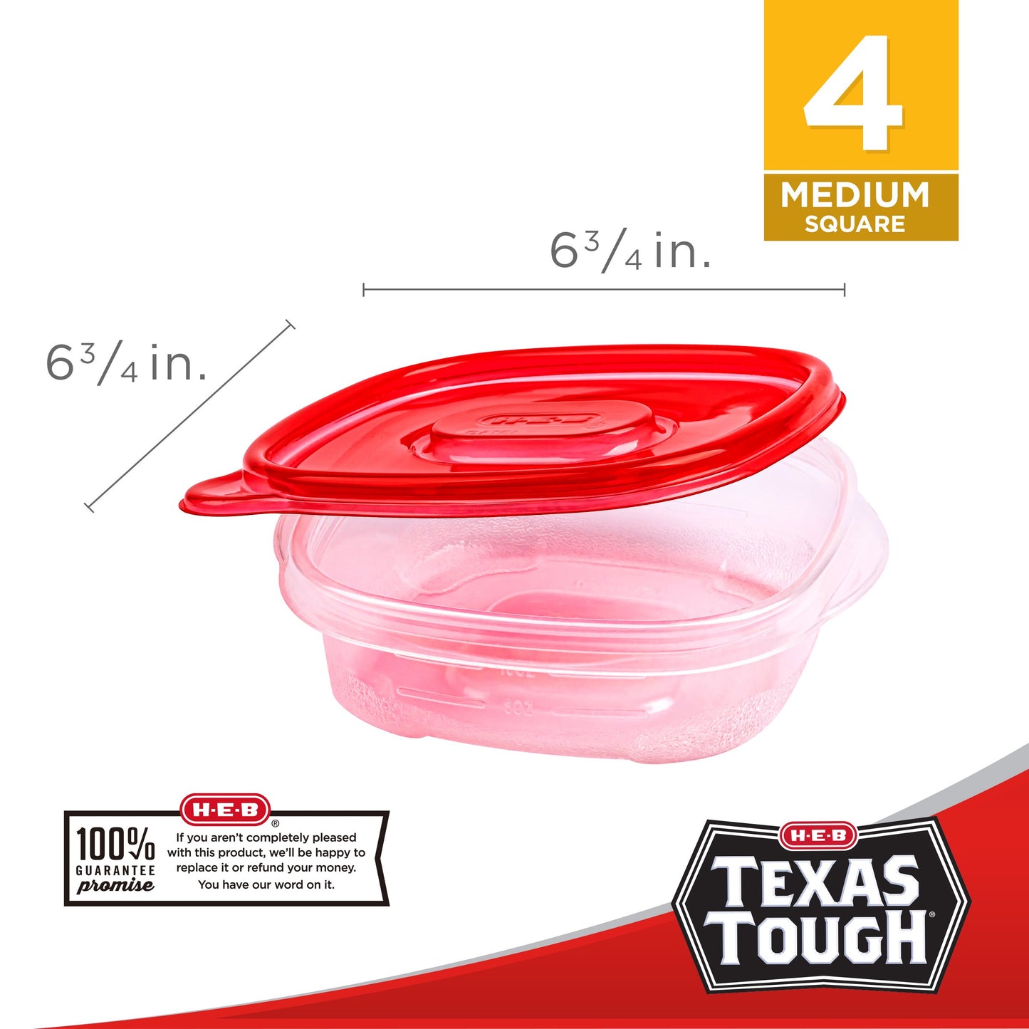 H-E-B Texas Tough Medium Square Food Storage Containers & Lids, 4 pk