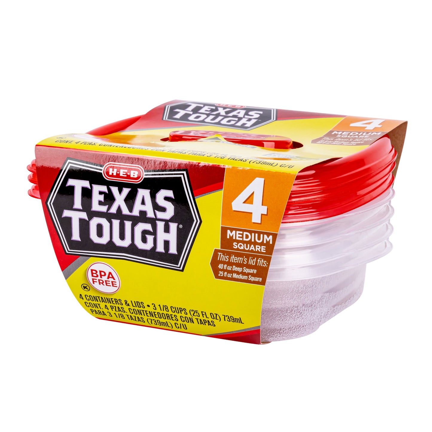 H-E-B Texas Tough Medium Square Food Storage Containers & Lids, 4 pk