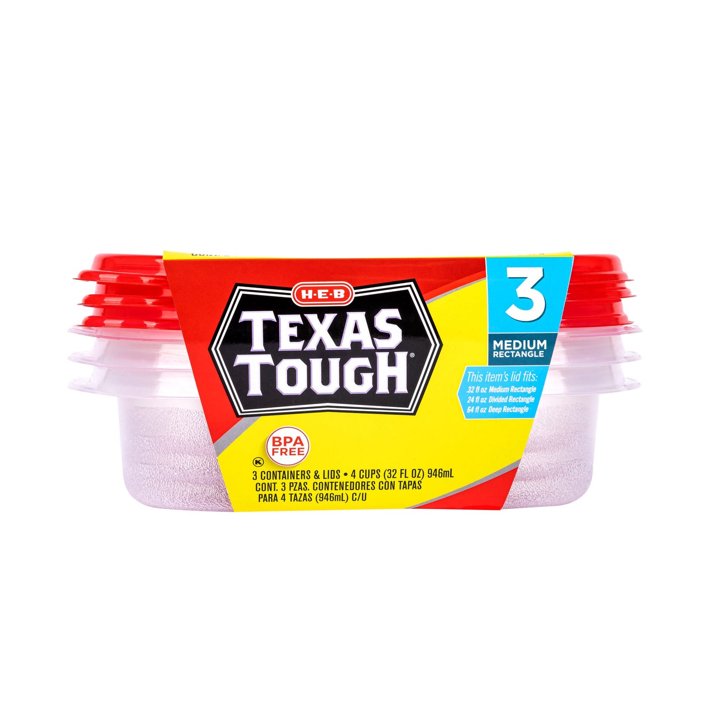 H-E-B Texas Tough Medium Rectangle Food Storage Containers & Lids, 3 pk