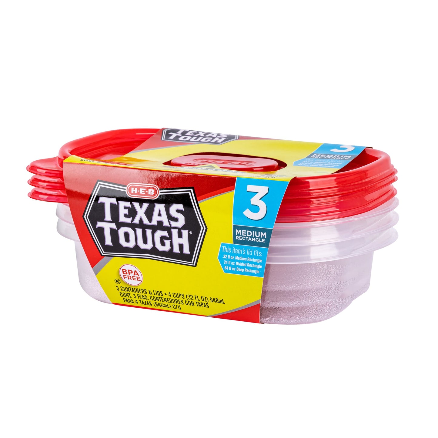 H-E-B Texas Tough Medium Rectangle Food Storage Containers & Lids, 3 pk
