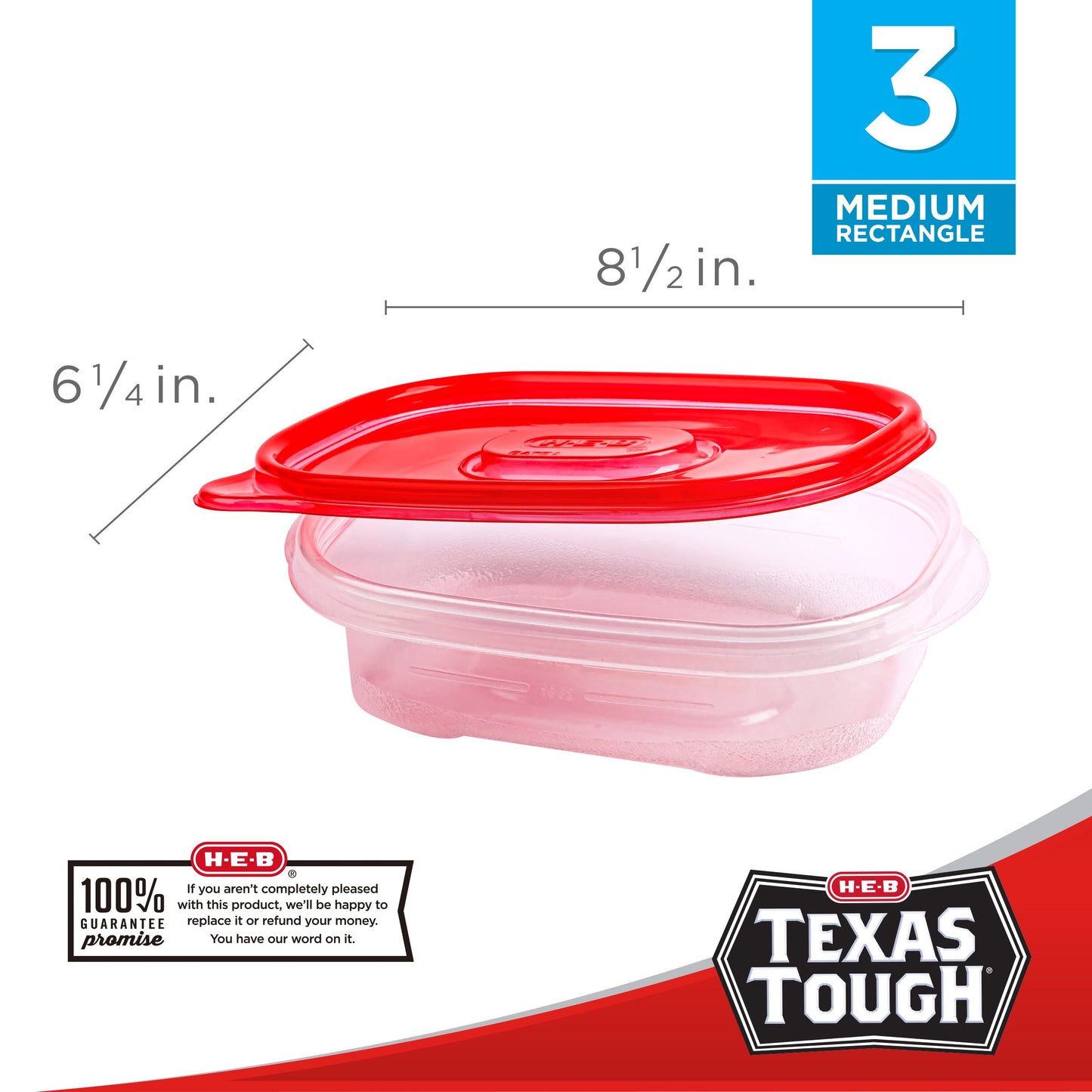 H-E-B Texas Tough Medium Rectangle Food Storage Containers & Lids, 3 pk