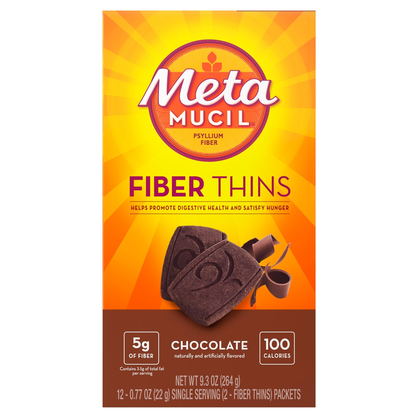 Metamucil Fiber Thins, Plant-Based Psyllium Husk Fiber Snack for Digestive Health, Chocolate