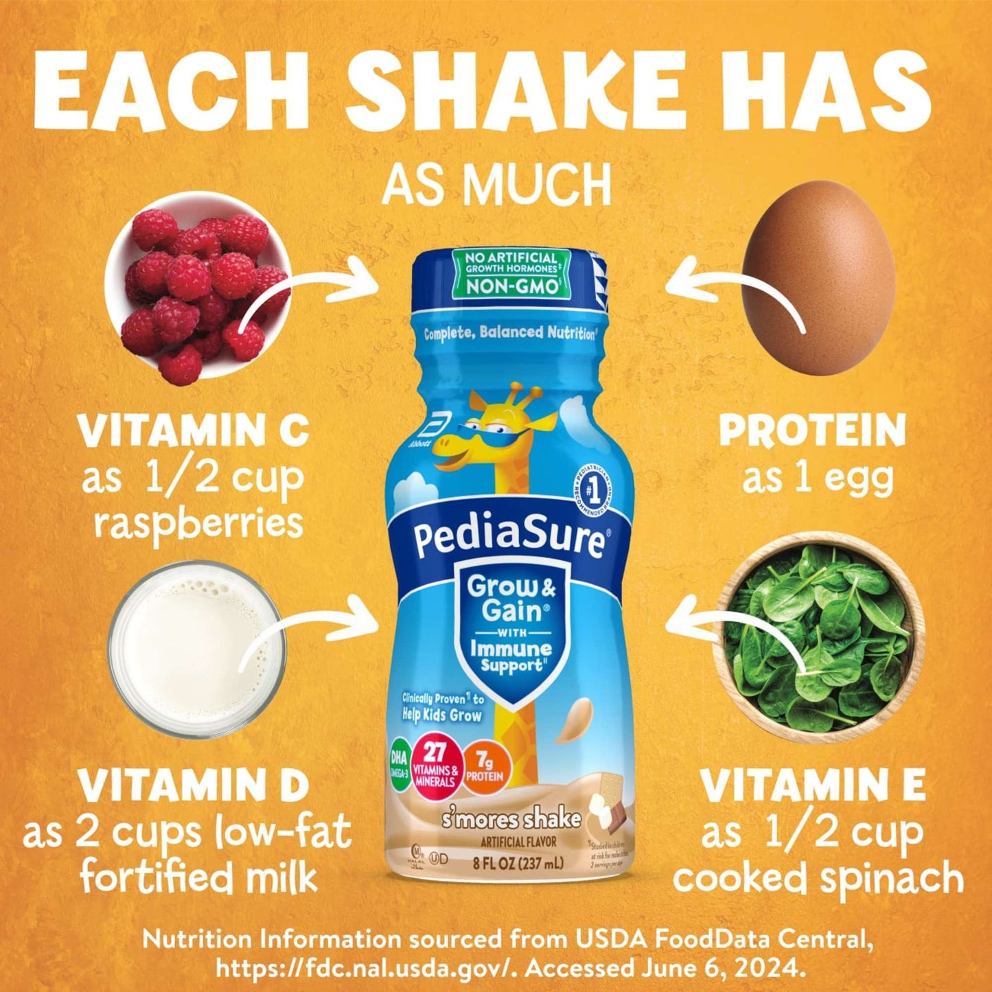 PediaSure Grow & Gain with Immune Support 7g Protein Shake for Kids - S'mores, 8 oz Bottles