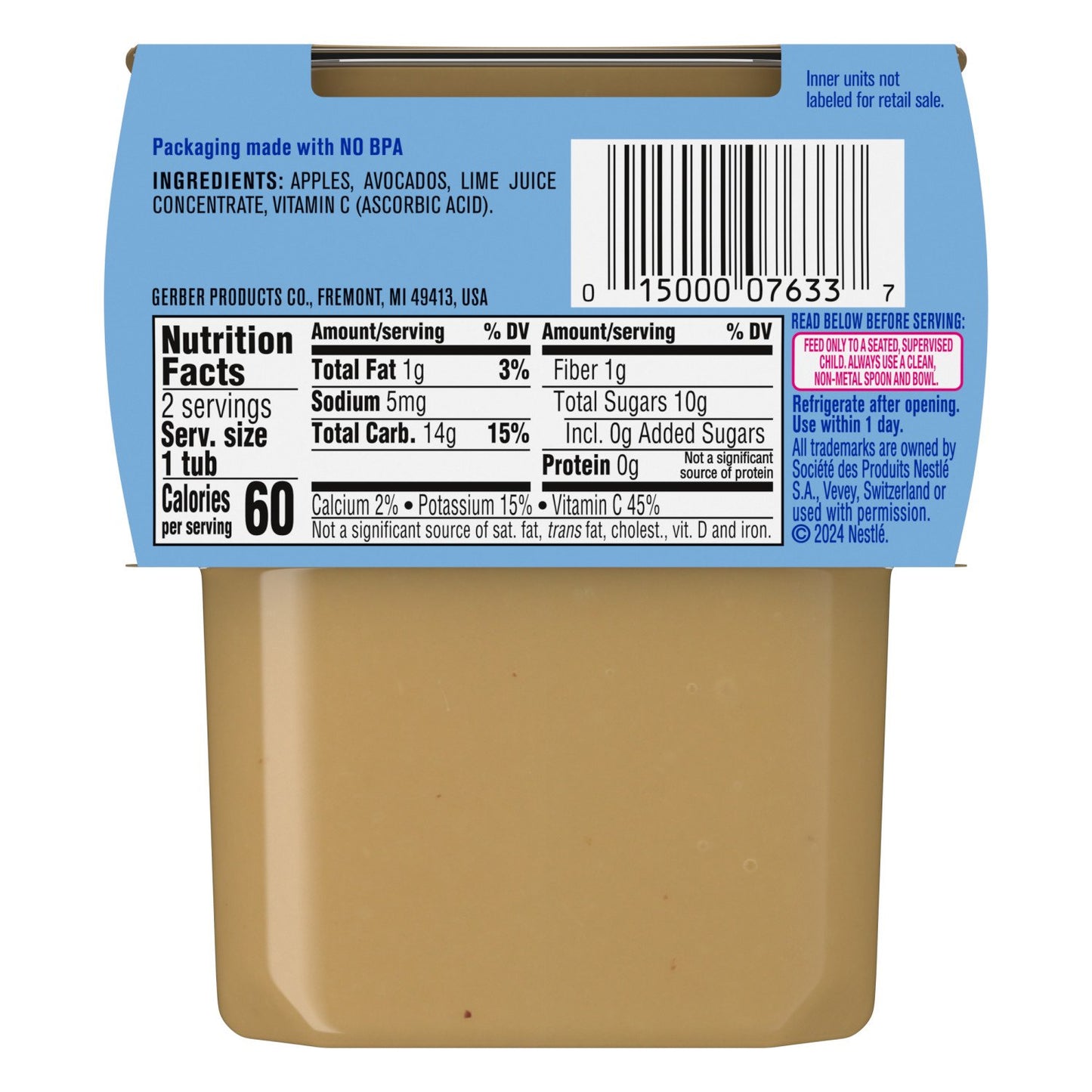 Gerber Stage 2 Baby Food - Apple Avocado, 4 oz Tubs