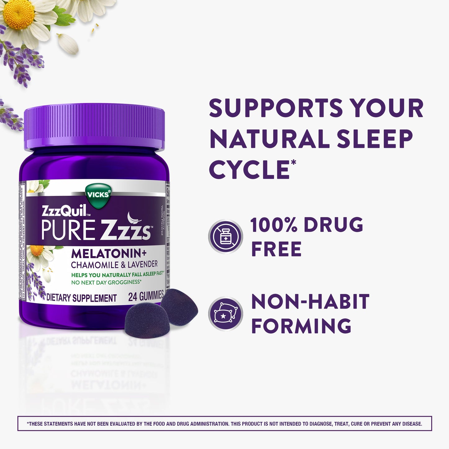 Vicks ZzzQuil PURE Zzzs Melatonin Gummies, Sleep Aid with Chamomile & Lavender, Wildberry Vanilla Flavor