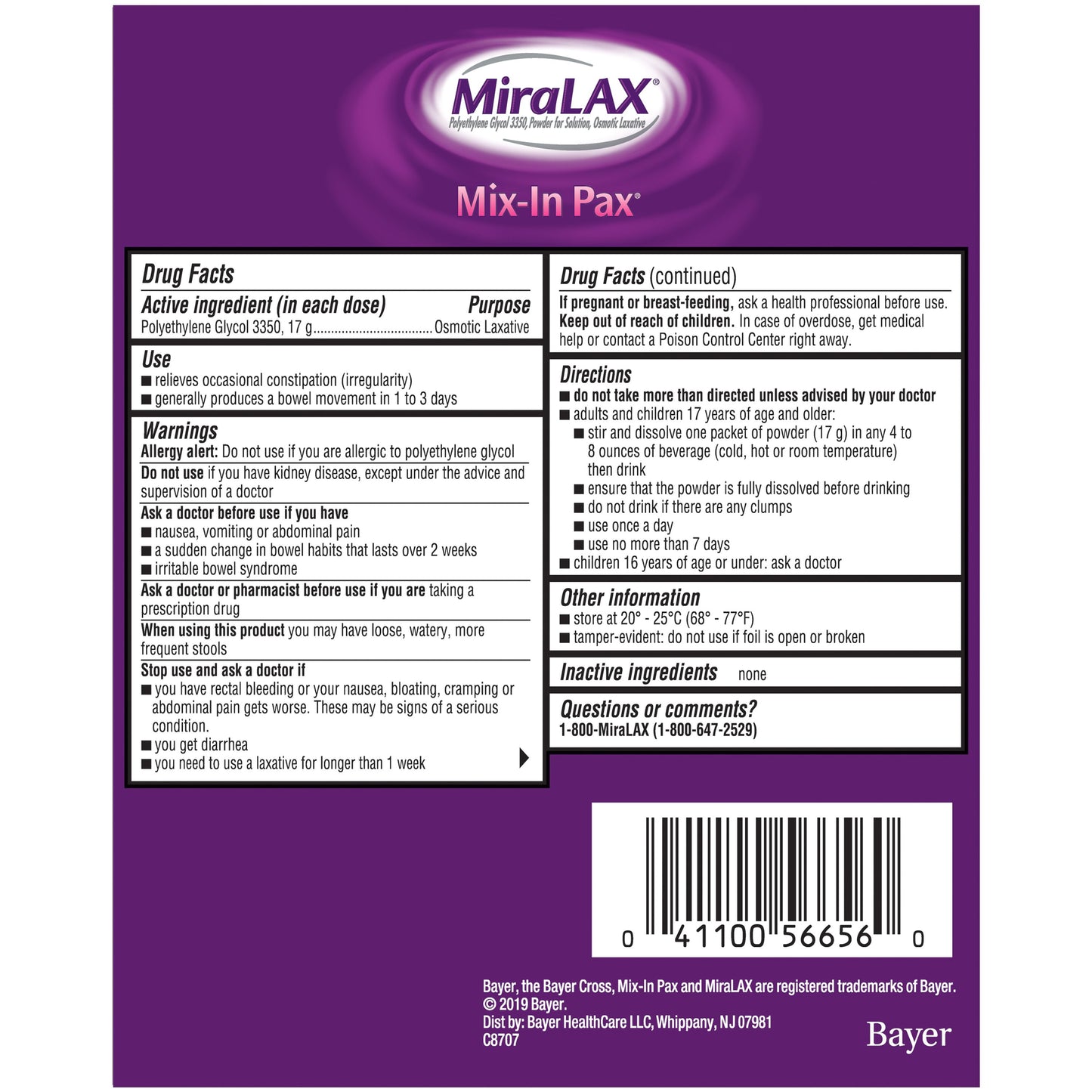 MiraLAX Mix-in Pax Unflavored Powder Packets
