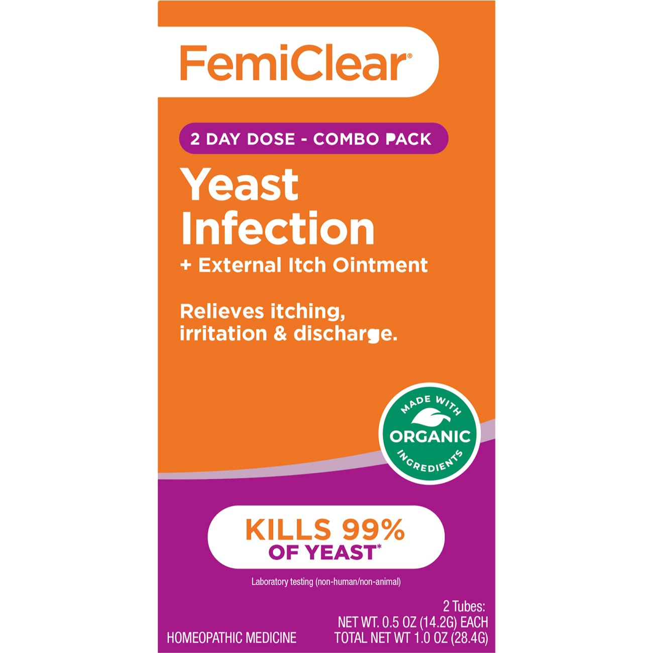 FemiClear Yeast Infection Treatment & Itch Relief Ointment - 2 Day Dose, Combo Pack