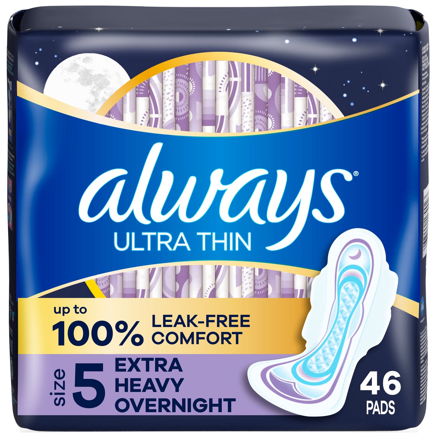 Always Ultra Thin Overnight Pads with Wings, Extra Heavy Overnight, Unscented Size 5