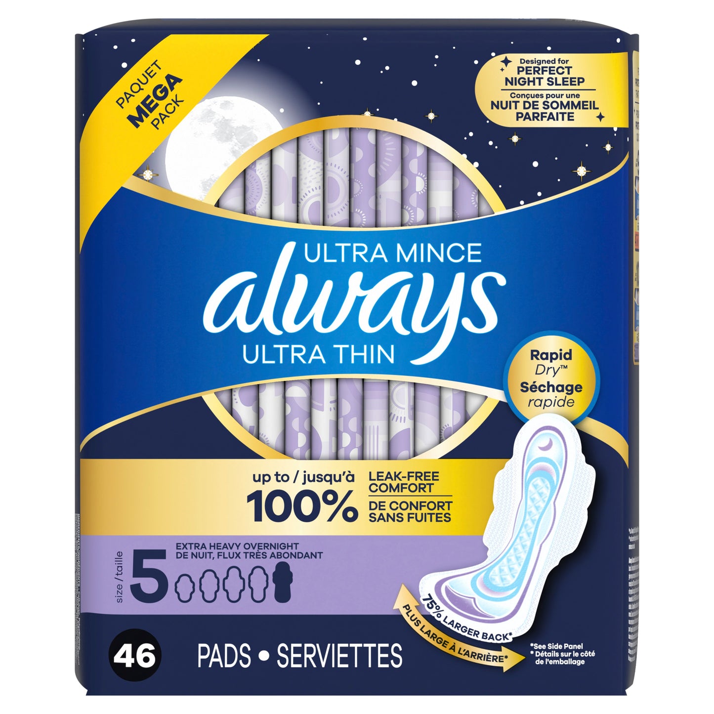 Always Ultra Thin Overnight Pads with Wings, Extra Heavy Overnight, Unscented Size 5