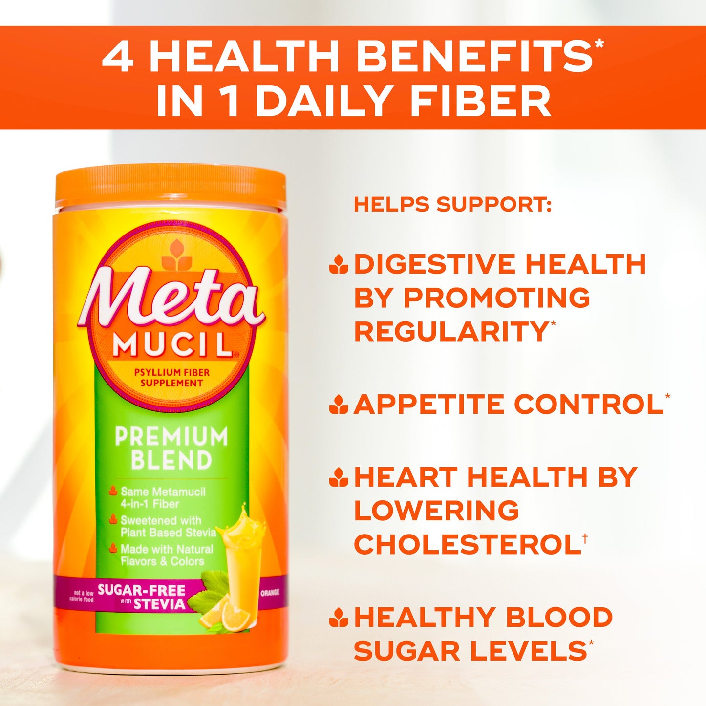 Metamucil Premium Blend Fiber Supplement, Daily Fiber Powder for Digestive Health, with Stevia Plant-Based Sweetener, Sugar-Free, Orange Flavor