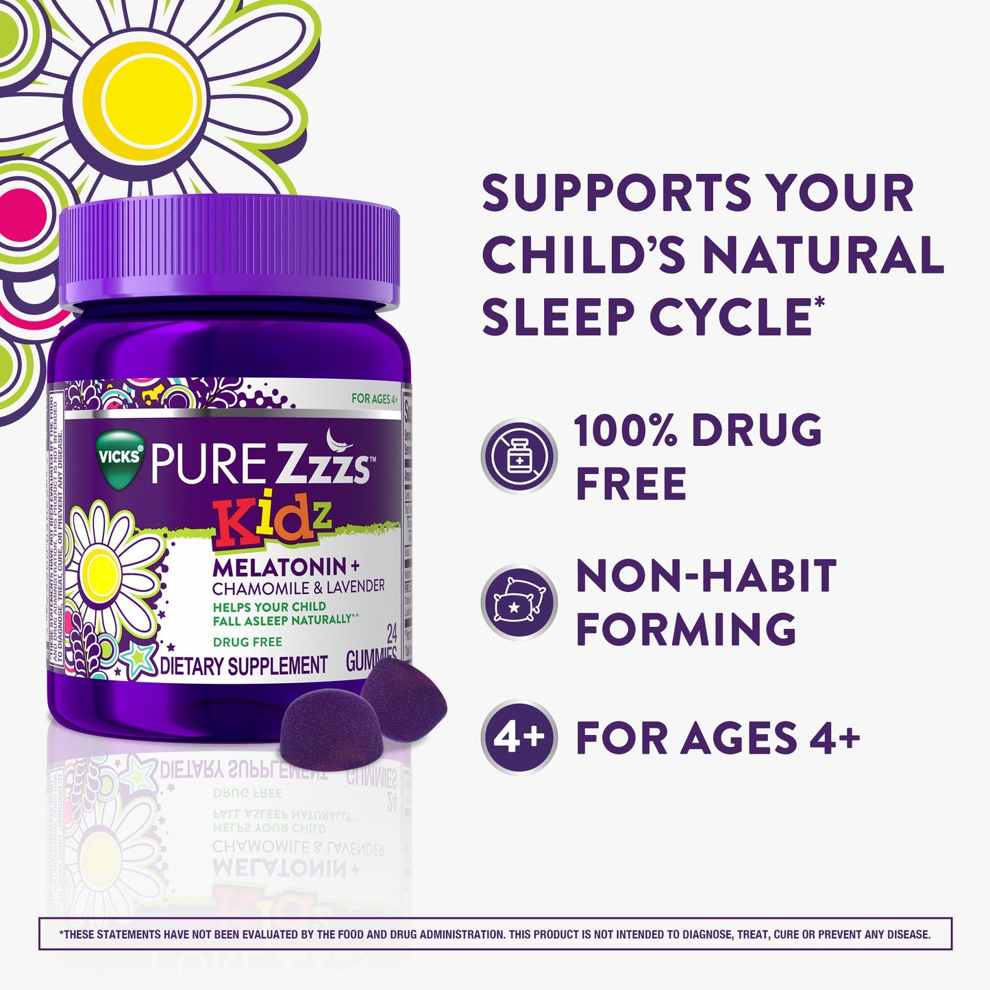 Vicks PURE Zzzs Kids Melatonin Sleep Aid Gummies with Chamomile & Lavender, Berry Flavor