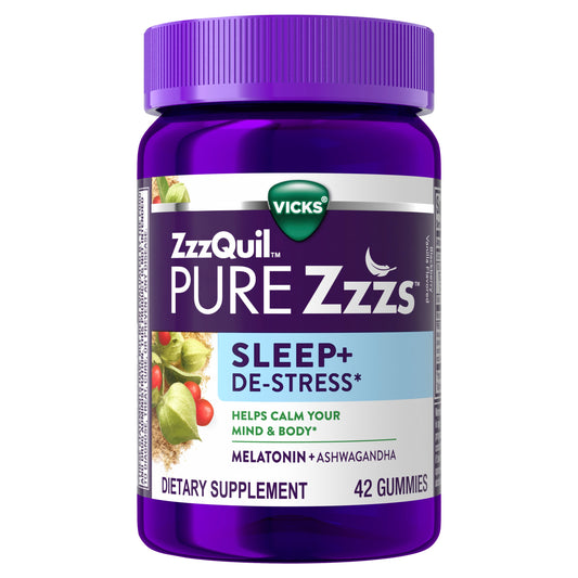 Vicks ZzzQuil PURE Zzzs De-Stress Melatonin Gummies, Sleep Aid with Ashwagandha