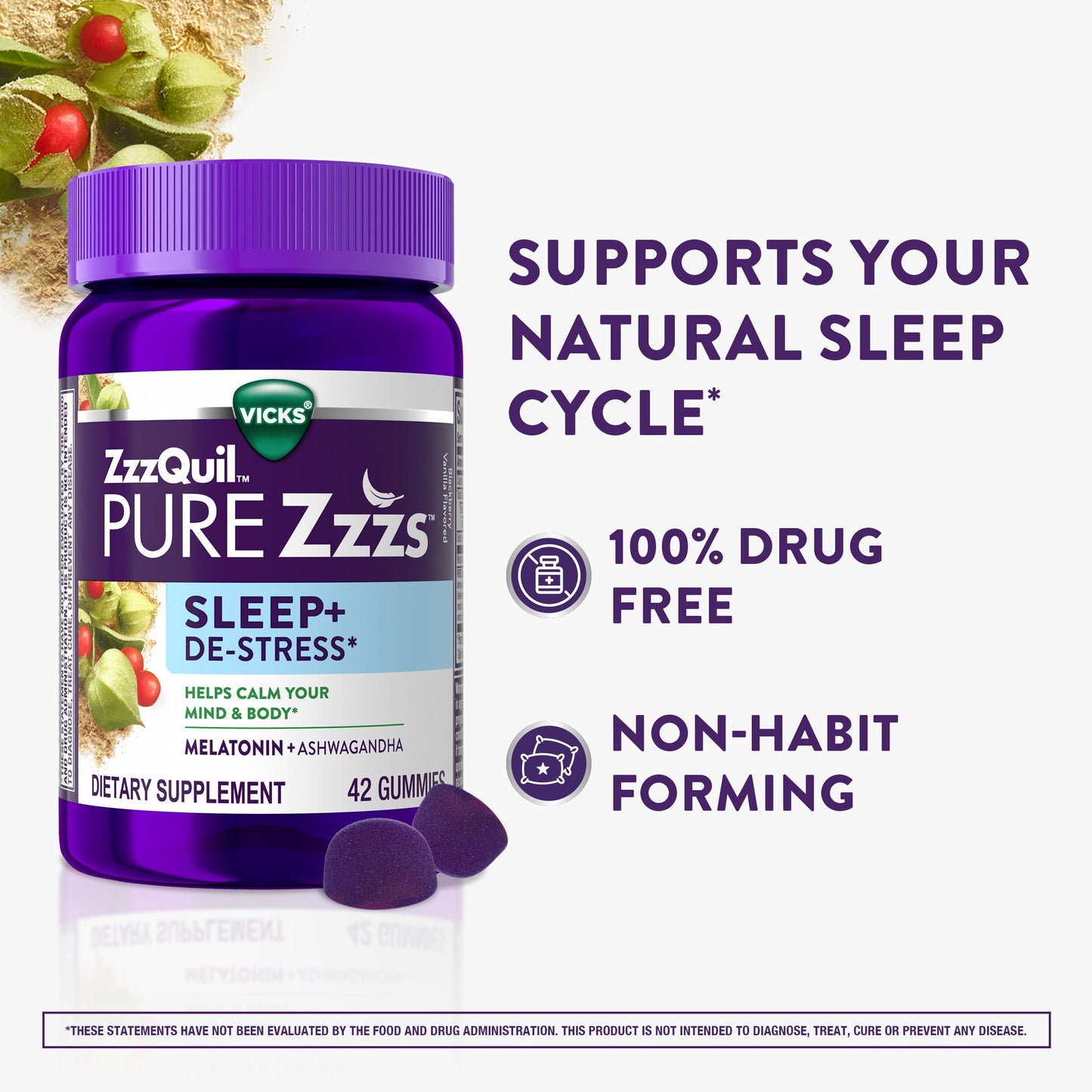 Vicks ZzzQuil PURE Zzzs De-Stress Melatonin Gummies, Sleep Aid with Ashwagandha