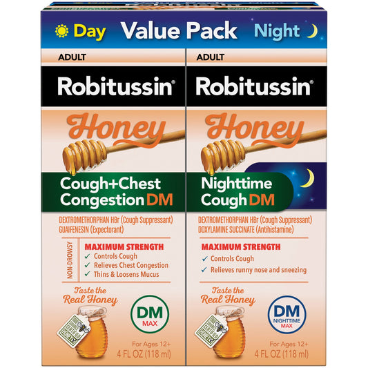 Robitussin Maximum Strength Honey Cough + Chest Congestion DM and Maximum Strength Honey Nighttime Cough DM, Value Pack of Cough Medicine for Adults and Children 12+, Honey Flavored