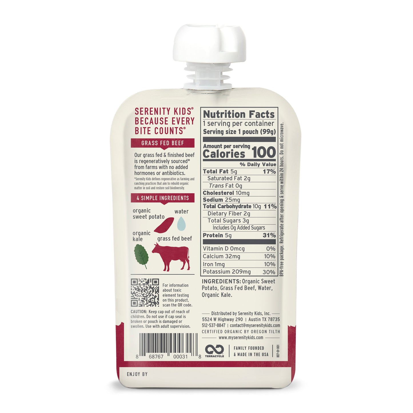 Serenity Kids Organic Pouch - Grass Fed Beef Kale & Sweet Potato