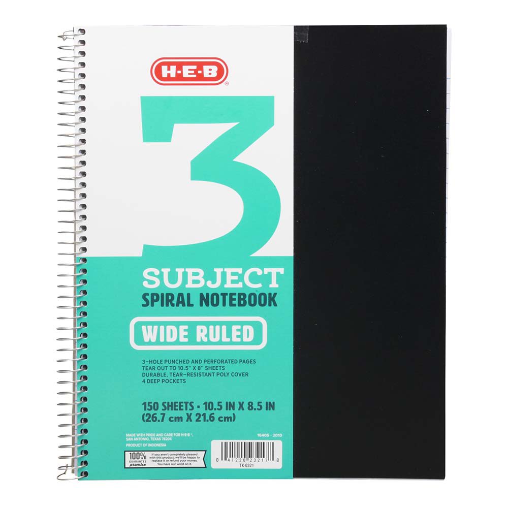 H-E-B 3 Subject Wide Ruled Poly Spiral Notebook - Black
