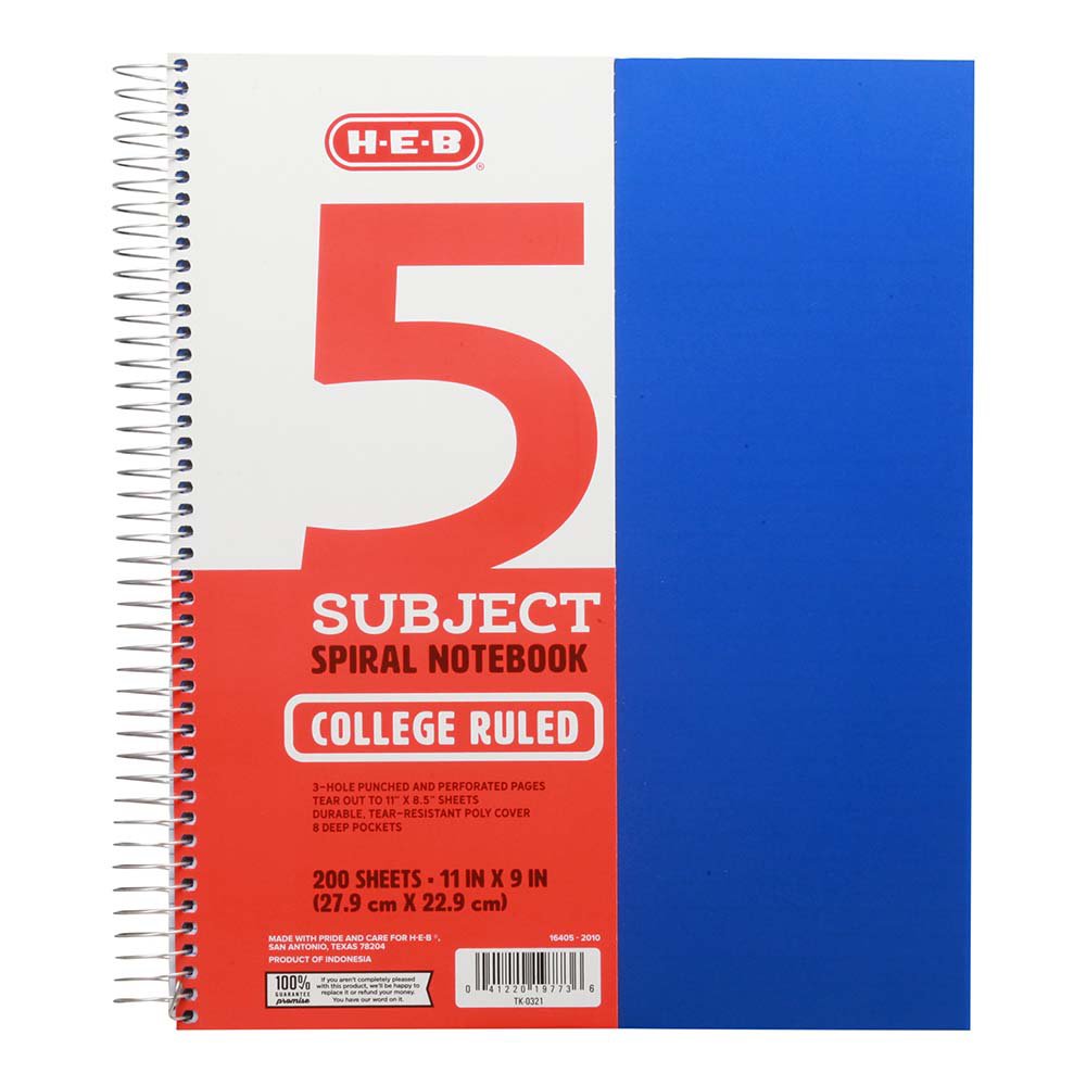 H-E-B 5 Subject College Ruled Poly Spiral Notebook - Blue
