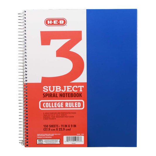H-E-B 3 Subject College Ruled Poly Spiral Notebook - Blue