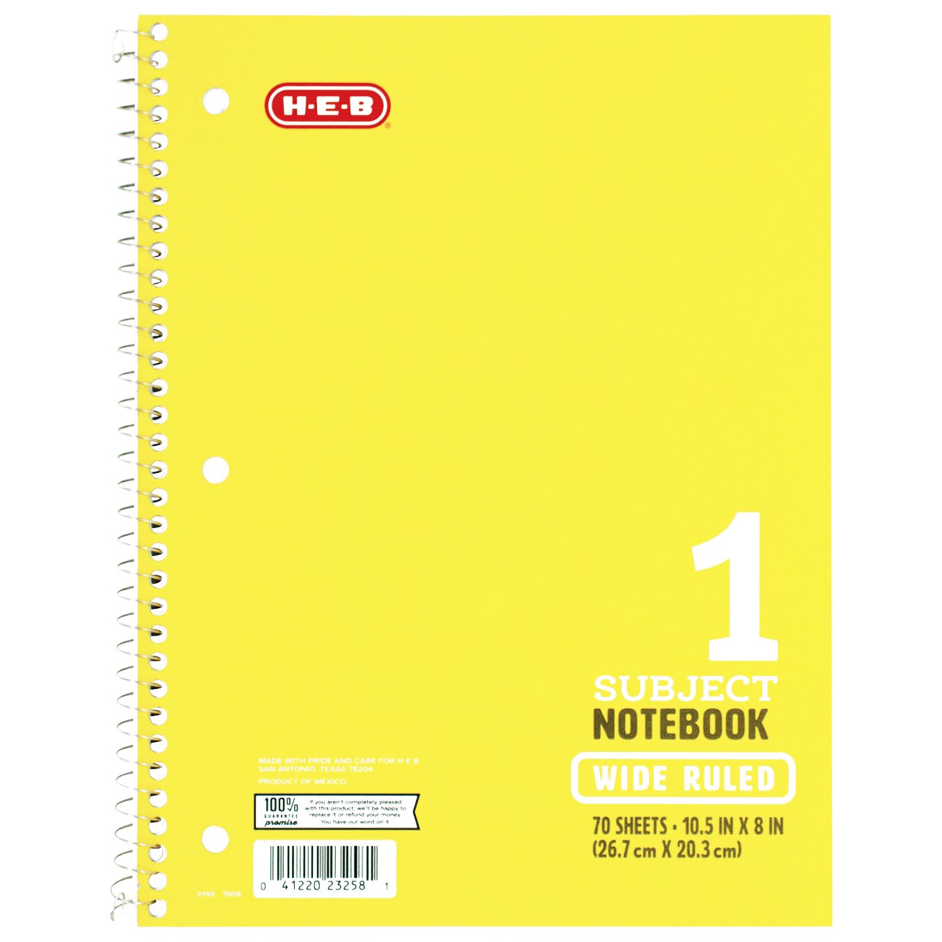 H-E-B 1 Subject Wide Ruled Spiral Notebook - Yellow