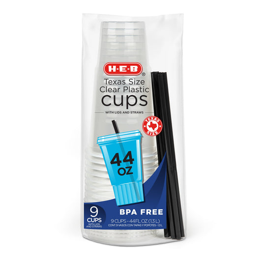 H-E-B 44 oz Texas Size Clear Plastic Cups with Lids and Straws