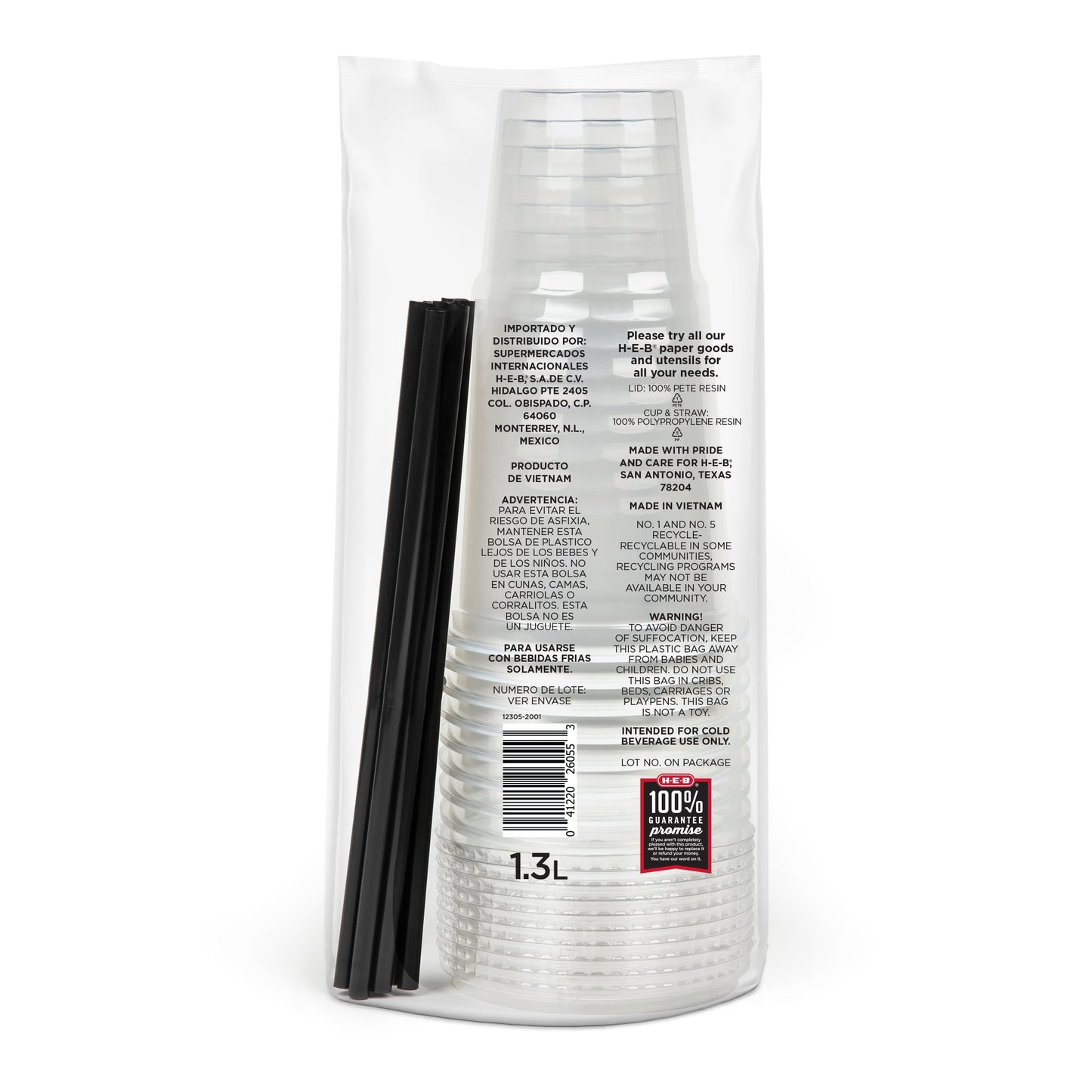 H-E-B 44 oz Texas Size Clear Plastic Cups with Lids and Straws