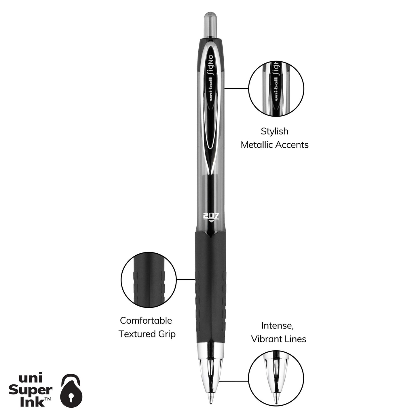 uniball 207 0,7mm Retractable Gel Pens - Black Ink