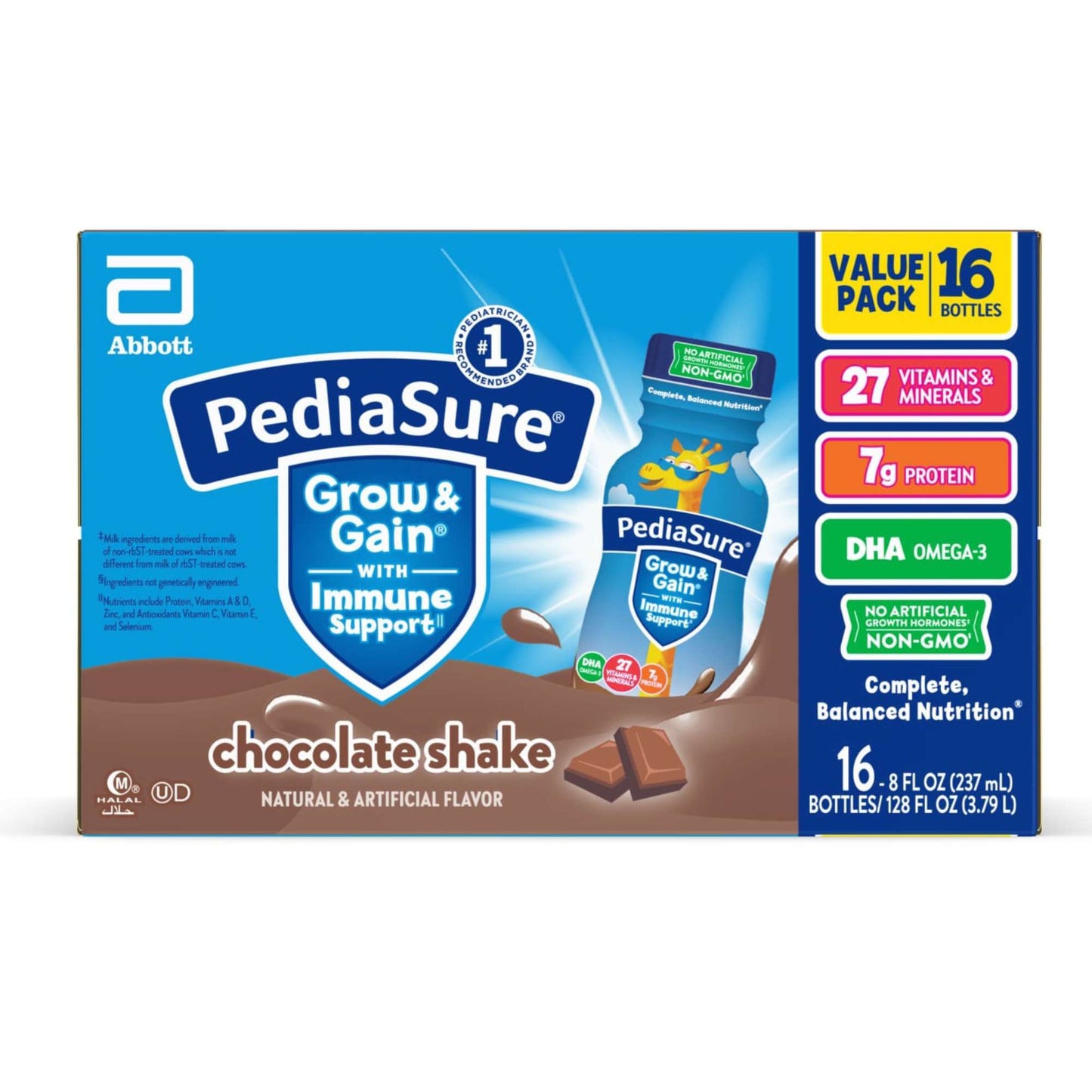 PediaSure Grow & Gain with Immune Support, Kids Protein Shake, 7g Protein, Chocolate 8-fl-oz Bottle