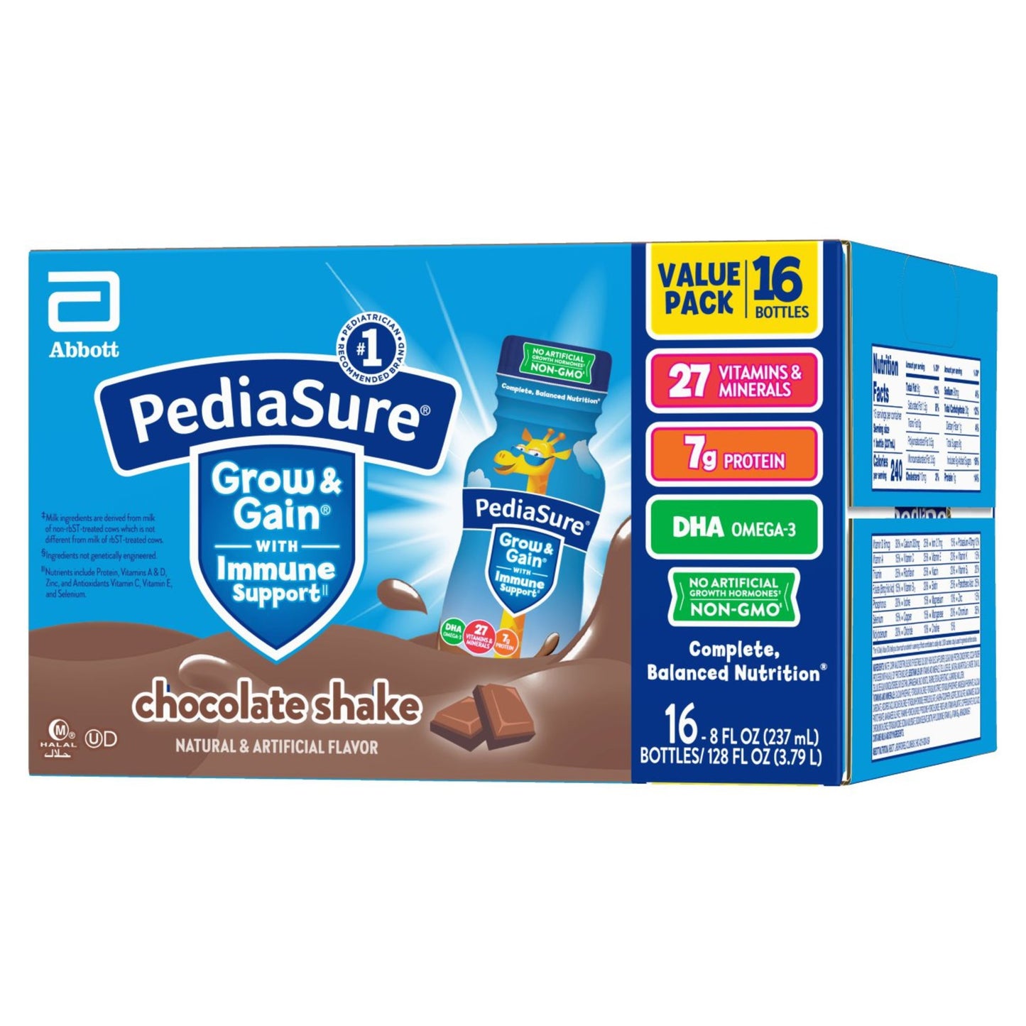 PediaSure Grow & Gain with Immune Support, Kids Protein Shake, 7g Protein, Chocolate 8-fl-oz Bottle