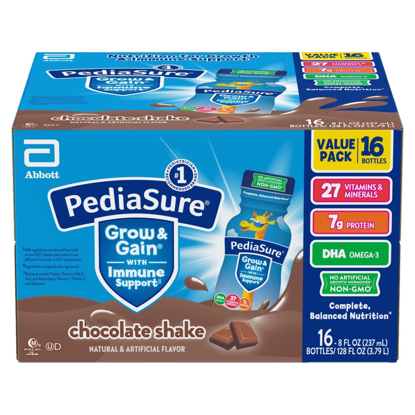 PediaSure Grow & Gain with Immune Support, Kids Protein Shake, 7g Protein, Chocolate 8-fl-oz Bottle