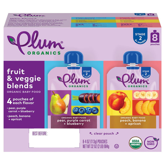 Plum Organics Fruit & Veggie Blends Pouches - Pear, Purple Carrot + Blueberry & Peach, Banana + Apricot