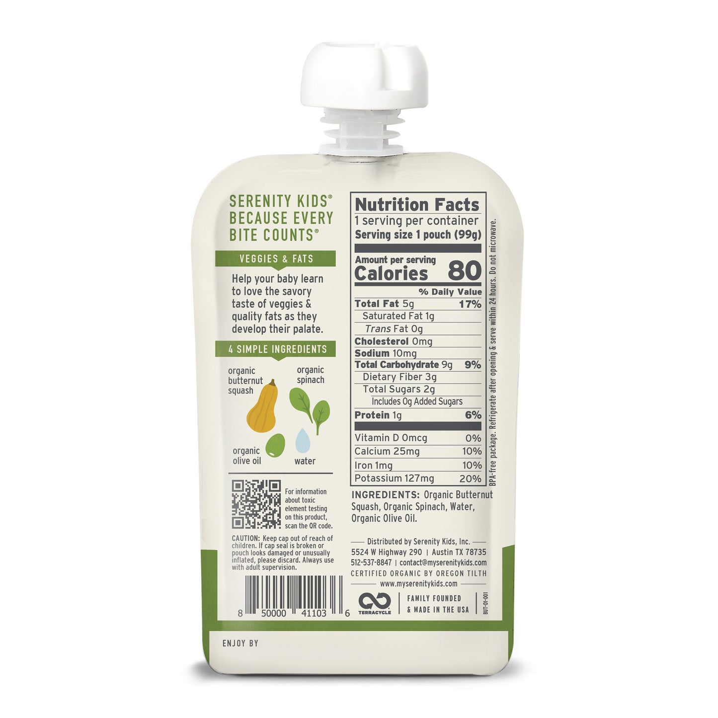 Serenity Kids Organic Pouch - Butternut Squash & Spinach with Olive Oil