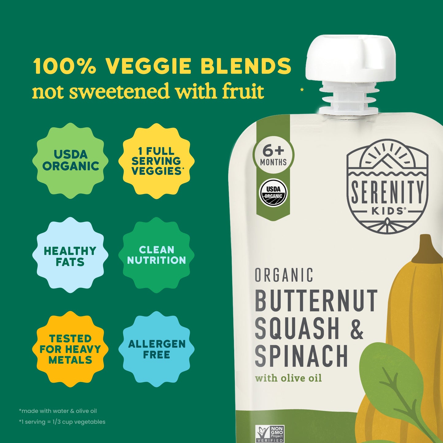 Serenity Kids Organic Pouch - Butternut Squash & Spinach with Olive Oil