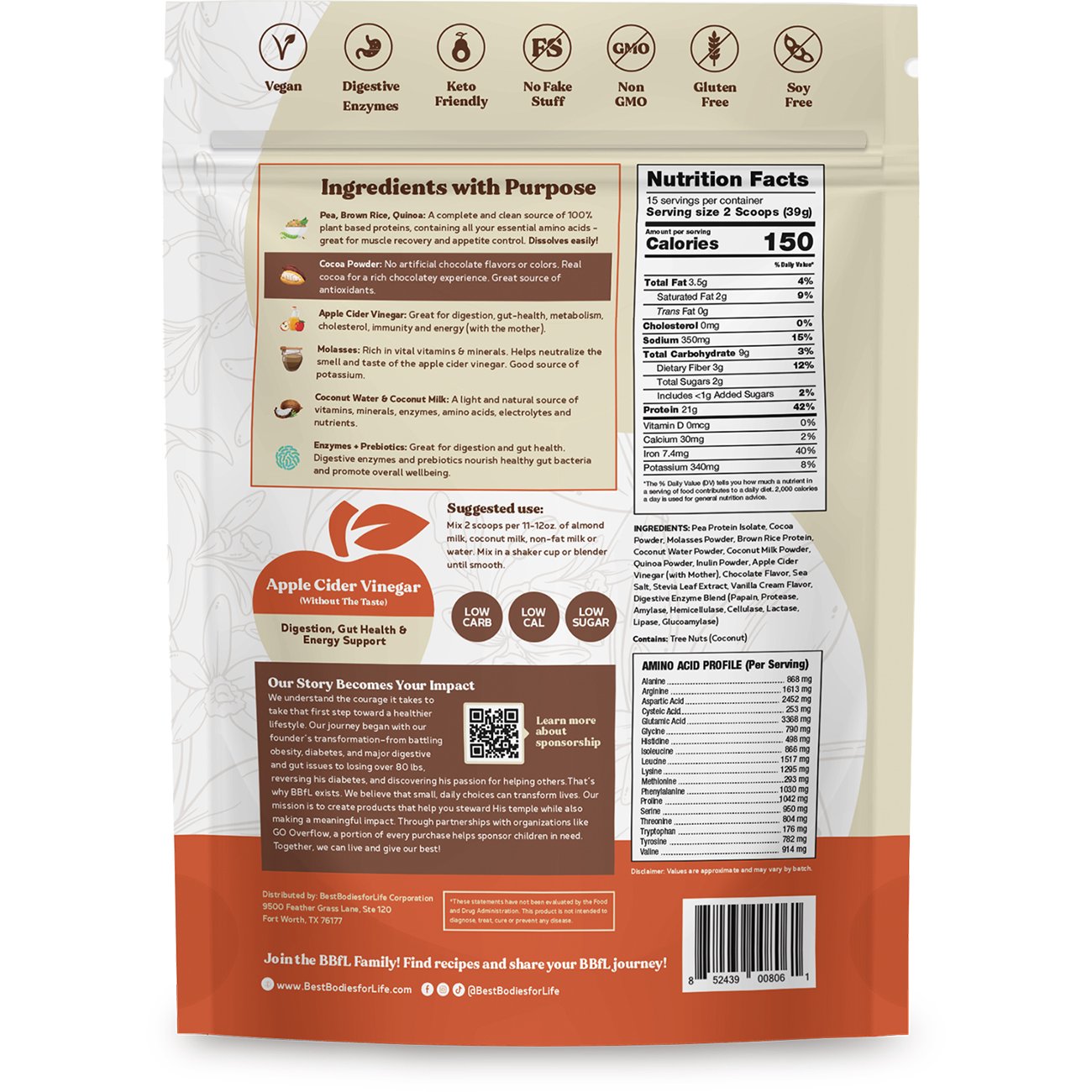 BestBodiesforLife 21g Plant-Based Protein & Meal Replacement Lifestyle Shake - Cocoa Cream